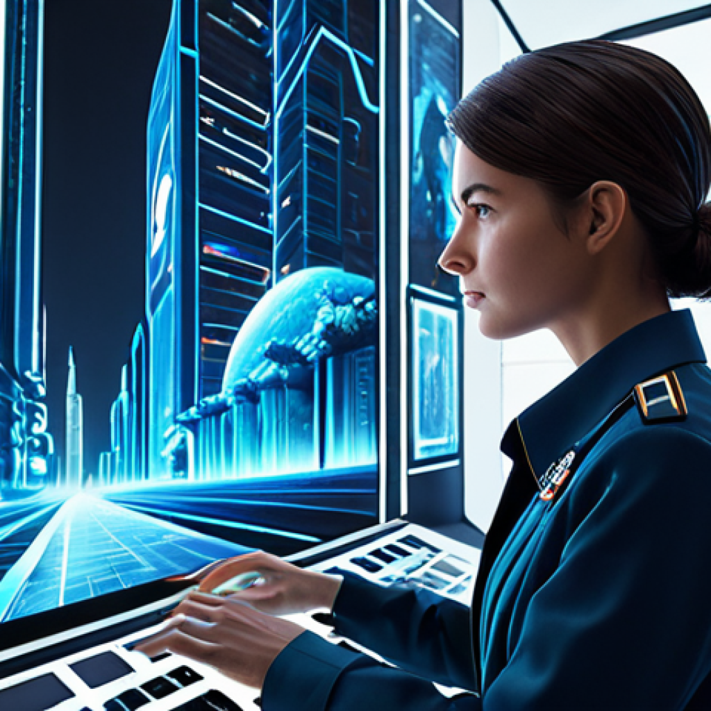 A professional digital artist, fully clothed in a modest professional uniform, focused intently on a large, futuristic holographic display. The display showcases a detailed, beautifully rendered futuristic cityscape, designed with intricate architectural elements and vibrant, clean, stylized flora, evoking a sense of expansion and deep lore, without any destruction or violence. The setting is a bright, modern game development studio, filled with natural light and sleek technology. High resolution, cinematic lighting, professional photography, artstation quality, perfect anatomy, correct proportions, natural pose, well-formed hands, proper finger count, natural body proportions, safe for work, appropriate content, fully clothed, professional, modest.