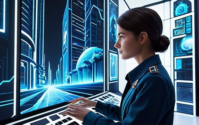 A professional digital artist, fully clothed in a modest professional uniform, focused intently on a large, futuristic holographic display. The display showcases a detailed, beautifully rendered futuristic cityscape, designed with intricate architectural elements and vibrant, clean, stylized flora, evoking a sense of expansion and deep lore, without any destruction or violence. The setting is a bright, modern game development studio, filled with natural light and sleek technology. High resolution, cinematic lighting, professional photography, artstation quality, perfect anatomy, correct proportions, natural pose, well-formed hands, proper finger count, natural body proportions, safe for work, appropriate content, fully clothed, professional, modest.