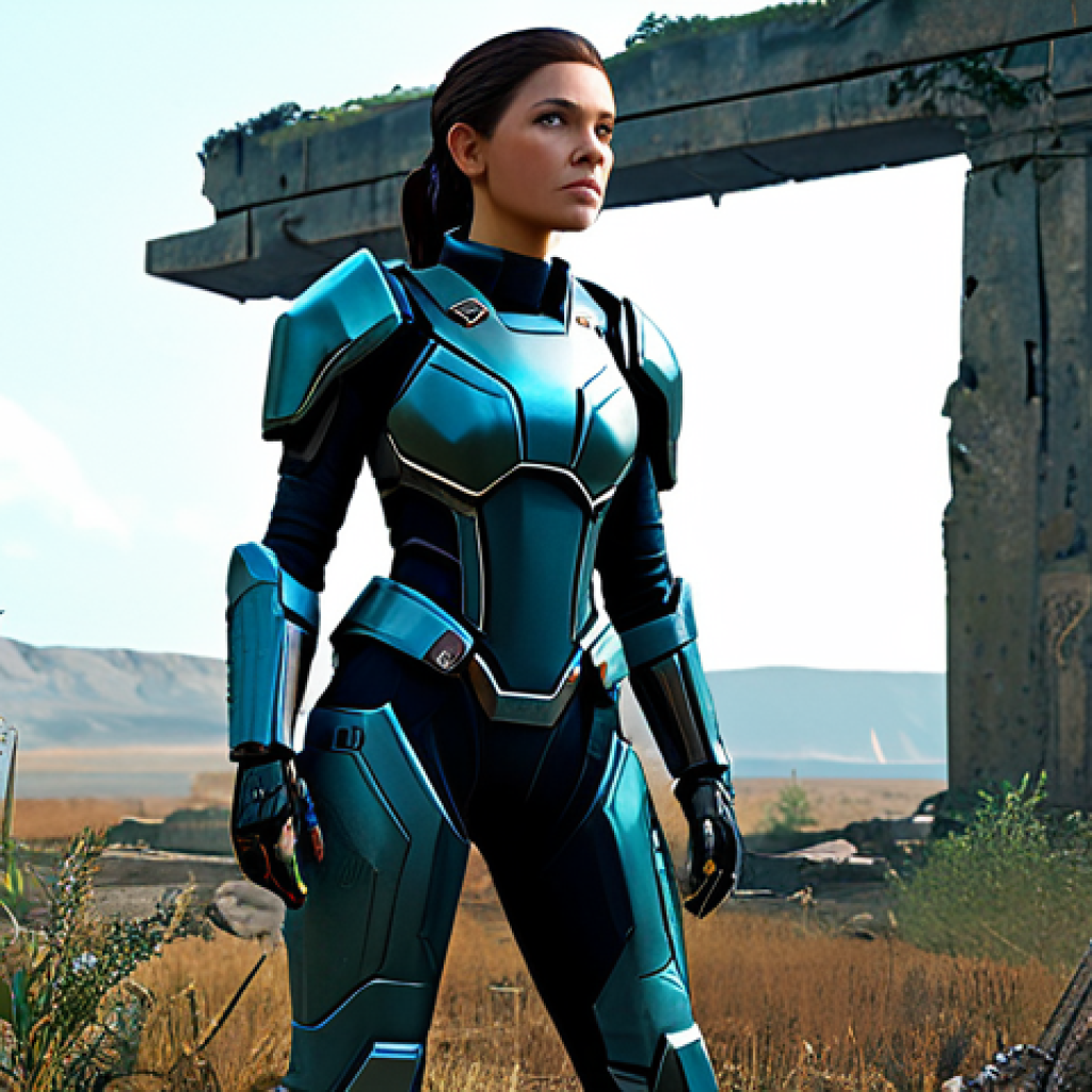 A brave NIKKE character in a fully clothed, modest, professional futuristic combat suit and appropriate attire, standing amidst ancient, overgrown ruins on a desolate yet beautiful post-apocalyptic landscape. Holographic data fragments subtly float around her, hinting at discovered lore. The scene conveys a sense of mystery and determined exploration. Perfect anatomy, correct proportions, natural pose, well-formed hands, proper finger count, natural body proportions. Safe for work, appropriate content, fully clothed, modest, high-resolution, professional photography, cinematic lighting.