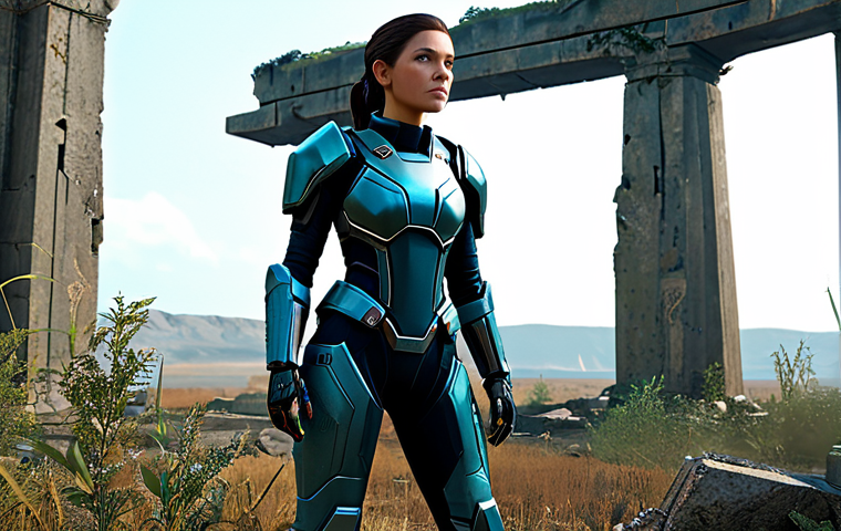 A brave NIKKE character in a fully clothed, modest, professional futuristic combat suit and appropriate attire, standing amidst ancient, overgrown ruins on a desolate yet beautiful post-apocalyptic landscape. Holographic data fragments subtly float around her, hinting at discovered lore. The scene conveys a sense of mystery and determined exploration. Perfect anatomy, correct proportions, natural pose, well-formed hands, proper finger count, natural body proportions. Safe for work, appropriate content, fully clothed, modest, high-resolution, professional photography, cinematic lighting.