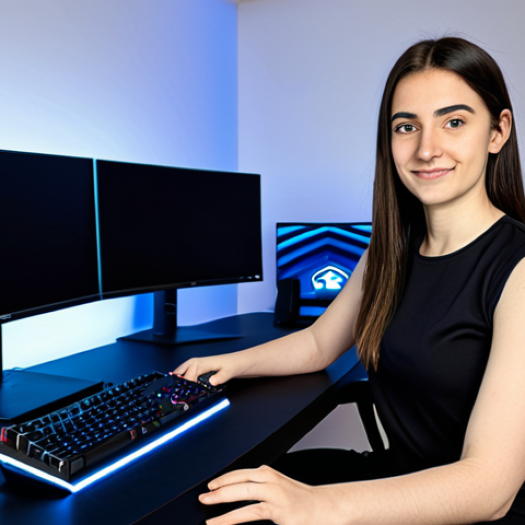 A professional female Italian content creator in her early twenties, wearing a modest, professional gaming jersey and dark trousers, seated at an ergonomic gaming desk in a modern, well-lit home streaming studio. Her high-end PC setup with multiple monitors displays abstract, game-like user interfaces. A professional microphone on an arm is visible, with subtle LED lighting accents in the background. She has a focused yet enthusiastic expression, one hand near a gaming mouse, looking confidently towards the camera. perfect anatomy, correct proportions, natural pose, well-formed hands, proper finger count, natural body proportions, fully clothed, modest clothing, appropriate attire, professional dress, safe for work, appropriate content, professional, family-friendly, high-resolution, studio lighting, photorealistic.