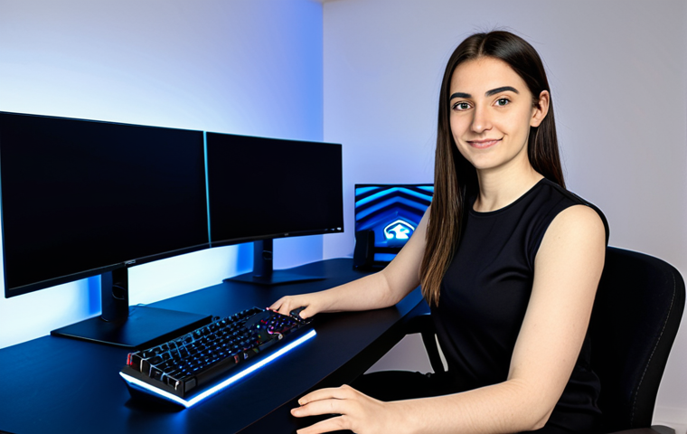 A professional female Italian content creator in her early twenties, wearing a modest, professional gaming jersey and dark trousers, seated at an ergonomic gaming desk in a modern, well-lit home streaming studio. Her high-end PC setup with multiple monitors displays abstract, game-like user interfaces. A professional microphone on an arm is visible, with subtle LED lighting accents in the background. She has a focused yet enthusiastic expression, one hand near a gaming mouse, looking confidently towards the camera. perfect anatomy, correct proportions, natural pose, well-formed hands, proper finger count, natural body proportions, fully clothed, modest clothing, appropriate attire, professional dress, safe for work, appropriate content, professional, family-friendly, high-resolution, studio lighting, photorealistic.