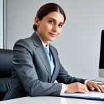 **

A professional businesswoman in a modest business suit, sitting at a desk in a modern Milanese office, fully clothed, appropriate attire, safe for work, perfect anatomy, natural proportions, professional photography, high quality.

**