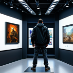 승리의여신 니케 세계관 삽화 전시 - NIKKE Concept Art Display**

"A brightly lit art gallery featuring concept art from the game NIKKE. ...