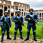 승리의여신 니케 캐릭터 기본 스토리 - "A group of Nikke soldiers in futuristic, practical combat gear, standing in the ruins of Rome. Coli...