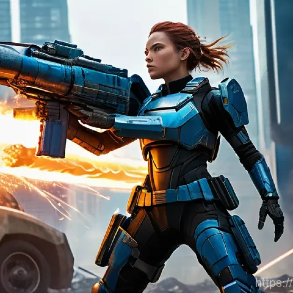 승리의여신 니케 플레이 순서 추천 - A dynamic, high-action scene featuring a female Nikke android soldier in a devastated, post-apocalyp...