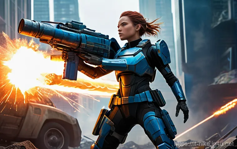 승리의여신 니케 플레이 순서 추천 - A dynamic, high-action scene featuring a female Nikke android soldier in a devastated, post-apocalyp...