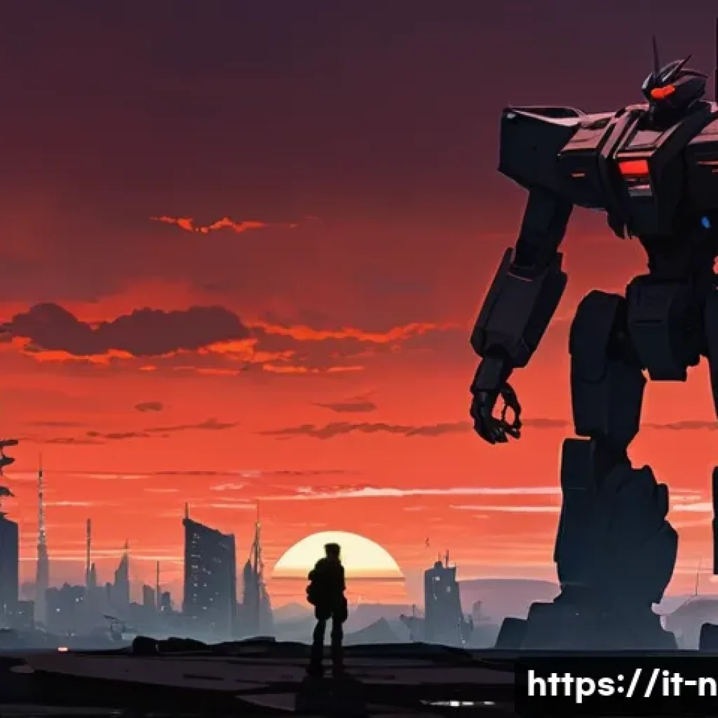 승리의여신 니케 업데이트 내용 정리 - Towering, angular buildings with metallic structures dominate the skyline. In the distance, silhouet...