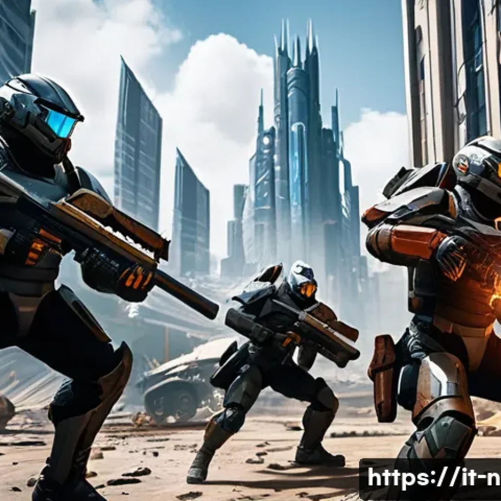 승리의여신 니케 비공식 공략 모음 - **Prompt:** A dynamic, wide-angle shot of a five-member NIKKE squad in a desolate, war-torn futurist...