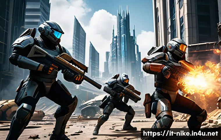 승리의여신 니케 비공식 공략 모음 - **Prompt:** A dynamic, wide-angle shot of a five-member NIKKE squad in a desolate, war-torn futurist...