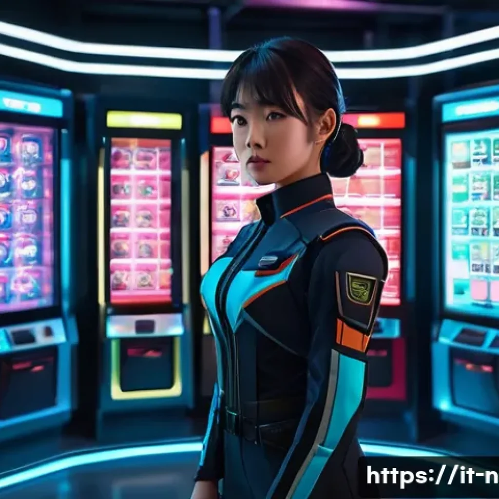 승리의여신 니케 가챠 시스템 이해하기 - A determined young woman, depicted in a vibrant anime style, stands before a futuristic gacha machin...