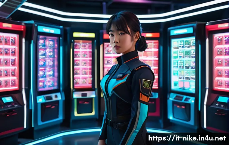 승리의여신 니케 가챠 시스템 이해하기 - A determined young woman, depicted in a vibrant anime style, stands before a futuristic gacha machin...