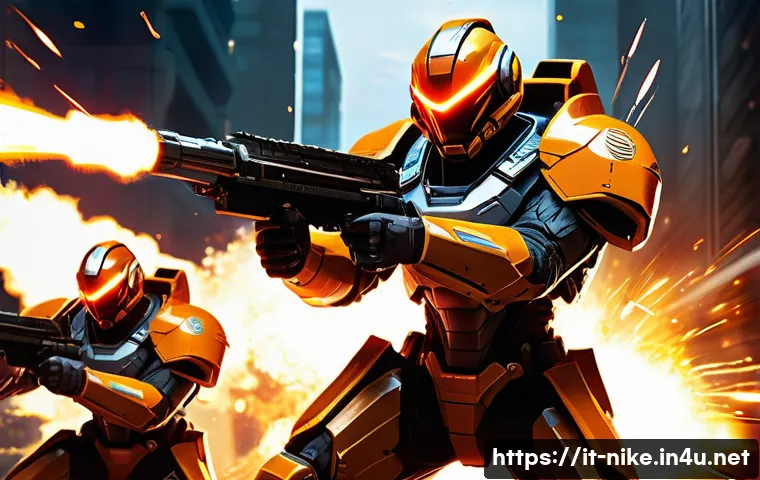 승리의여신 니케 초보자 가이드 - **Dynamic Full Burst Combat Scene:**
    "A team of five NIKKEs, fully clad in their futuristic batt...