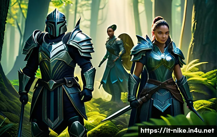 승리의여신 니케 세트 아이템 드랍처 - A dynamic fantasy game scene depicting a well-balanced team of four diverse heroes&mdash;each wearing dist...