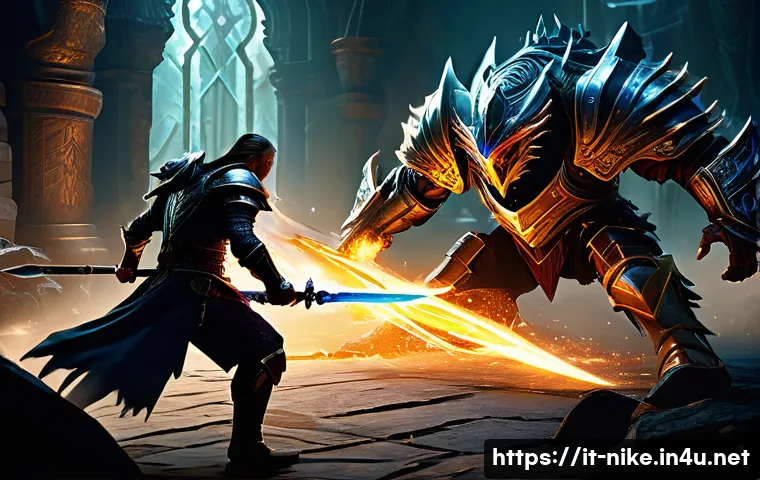 승리의여신 니케 히든 보스 공략 - A dynamic battle scene featuring a skilled warrior team facing a massive hidden boss in a dark fanta...