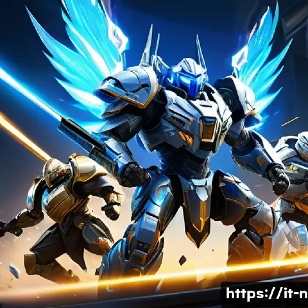 승리의여신 니케 글로벌 서버 랭킹 - A dynamic esports team composition scene illustrating three distinct hero roles: a heavily armored t...