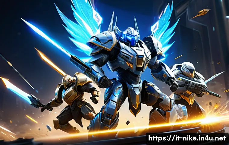 승리의여신 니케 글로벌 서버 랭킹 - A dynamic esports team composition scene illustrating three distinct hero roles: a heavily armored t...