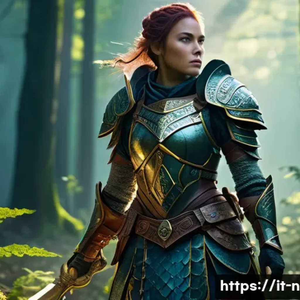 승리의여신 니케 희귀 아이템 자랑하기 - A dynamic fantasy RPG scene featuring a skilled female warrior in intricately designed, ornate armor...