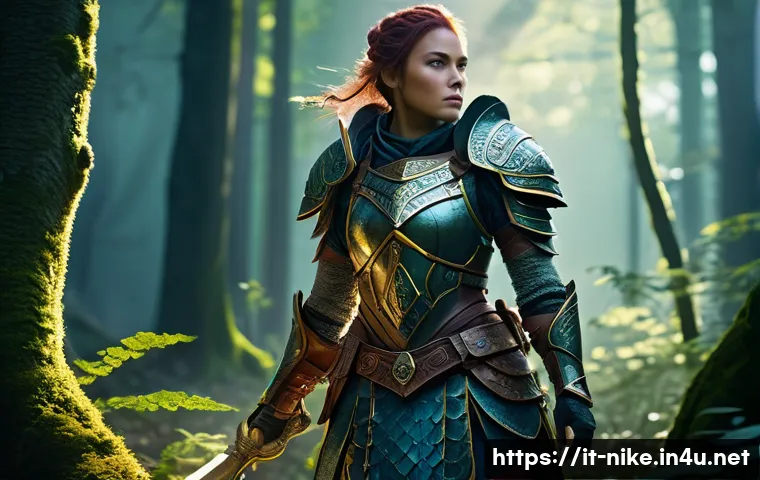 승리의여신 니케 희귀 아이템 자랑하기 - A dynamic fantasy RPG scene featuring a skilled female warrior in intricately designed, ornate armor...