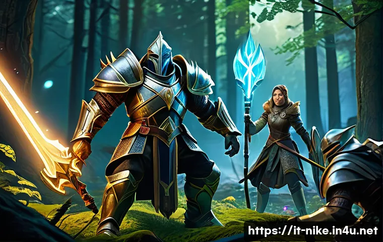 승리의여신 니케 전투 데이터 정리 - A dynamic battle scene featuring a balanced team of fantasy heroes in detailed armor and practical c...