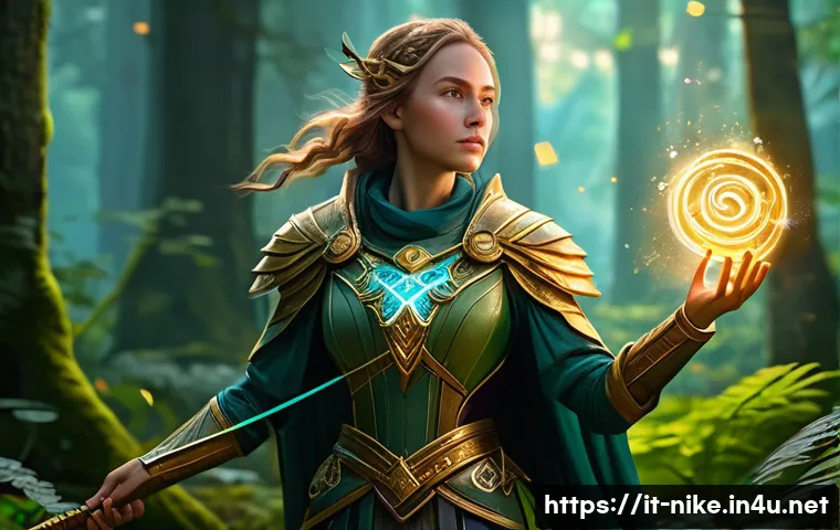 승리의여신 니케 힐러 전용 가이드 - A versatile fantasy healer character in a lush forest battlefield, wearing detailed light armor with...
