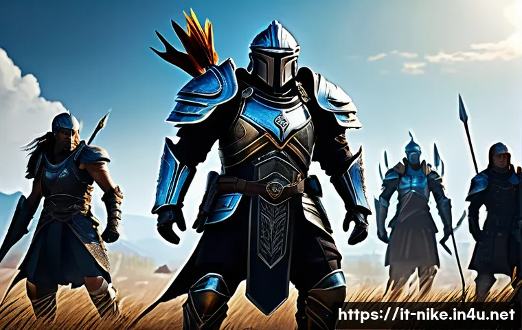 승리의여신 니케 신규 패치 예상 - A dynamic fantasy battlefield scene featuring a diverse team of heroic characters in detailed armor ...