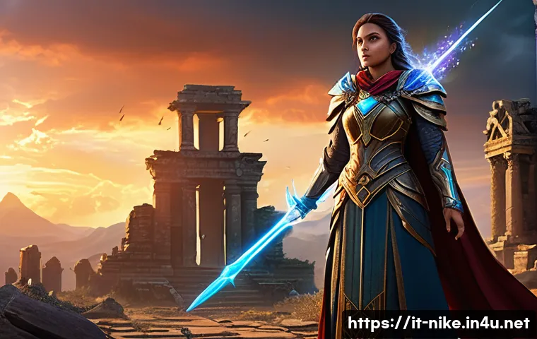 승리의여신 니케 티어리스트 최신 - A heroic female support character in an epic fantasy battlefield, wearing elegant yet practical armo...