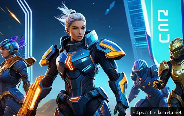 승리의여신 니케 팬데믹 중 활동 기록 - A vibrant and dynamic scene of a futuristic mobile game interface showcasing a cooperative multiplay...