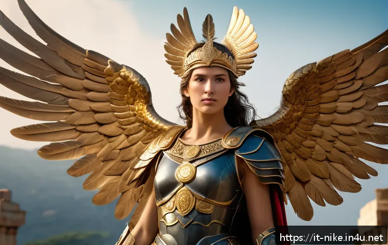 승리의여신 니케 이스터에그 찾기 - A majestic female warrior inspired by the Greek goddess Nike, adorned with detailed golden laurel cr...
