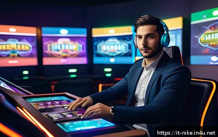 승리의여신 니케 VIP 시스템 분석 - A vibrant, modern gaming lounge scene showcasing an Italian male VIP gamer in his late 20s, wearing ...