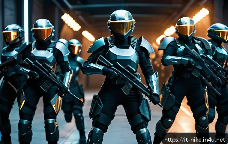 승리의여신 니케 패치노트 예상 - A dynamic battle scene showcasing a futuristic squad of female warriors called Nikke, each wearing s...