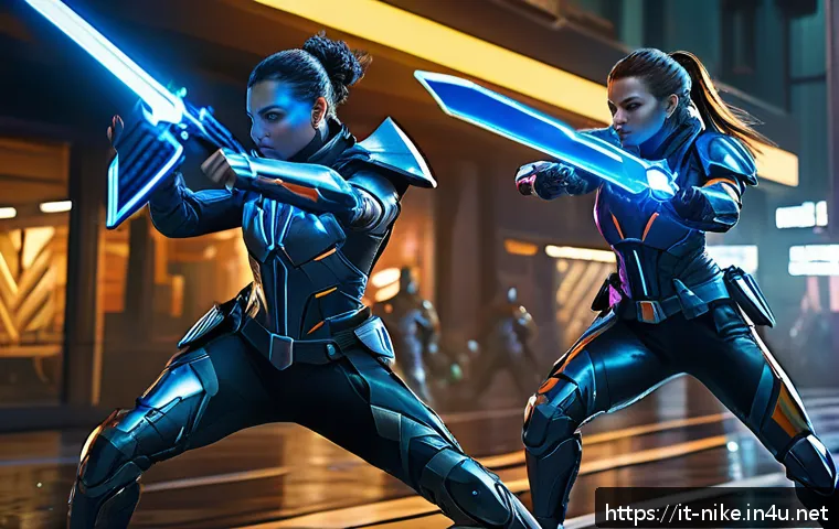 승리의여신 니케 게임 패치 루머 - A dynamic battle scene from a futuristic sci-fi game featuring two female heroes in stylish combat a...