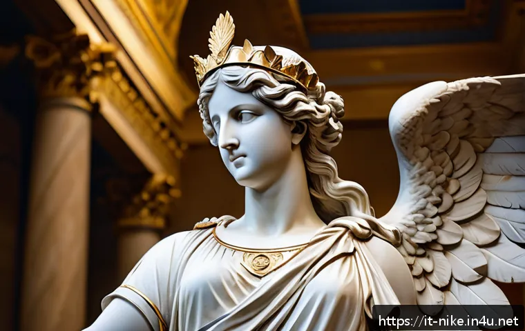 승리의여신 니케 팬 영상 제작 지원 - A majestic classical sculpture of Nike, the Greek goddess of victory, depicted as a graceful female ...