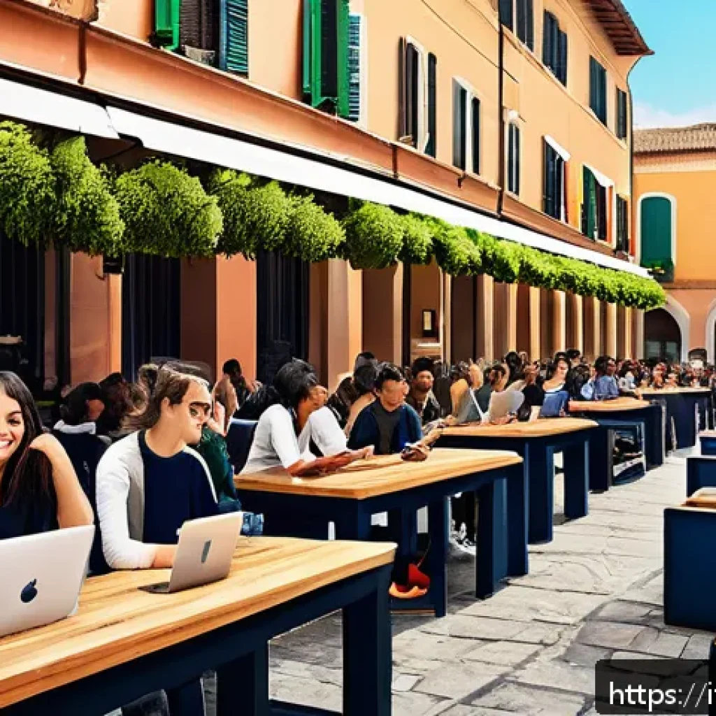 승리의여신 니케 글로벌 팬 소통 - A vibrant digital community gathering set in a modern Italian piazza, featuring diverse adults and t...