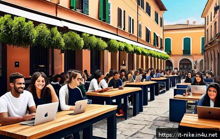 승리의여신 니케 글로벌 팬 소통 - A vibrant digital community gathering set in a modern Italian piazza, featuring diverse adults and t...