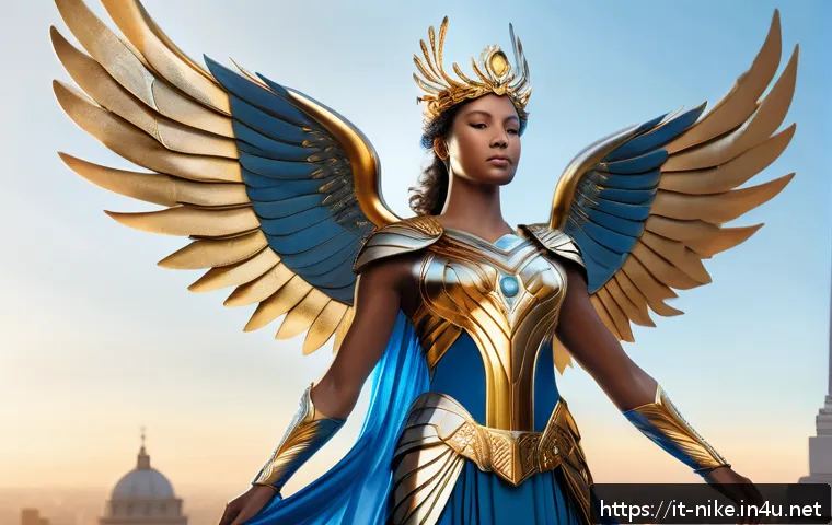승리의여신 니케 원화 및 아트북 정보 - A digital painting of Nike, the Goddess of Victory, depicted with dynamic, flowing wings and wearing...