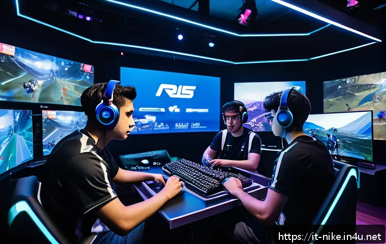 승리의여신 니케 e스포츠 이벤트 - A dynamic esports team engaged in a high-stakes tournament match, featuring diverse players in gamin...