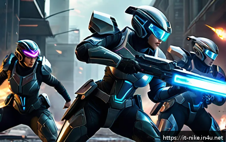 승리의여신 니케 팀 전술 개선 - A dynamic battle scene featuring a well-balanced team of futuristic female warriors in sleek, tactic...