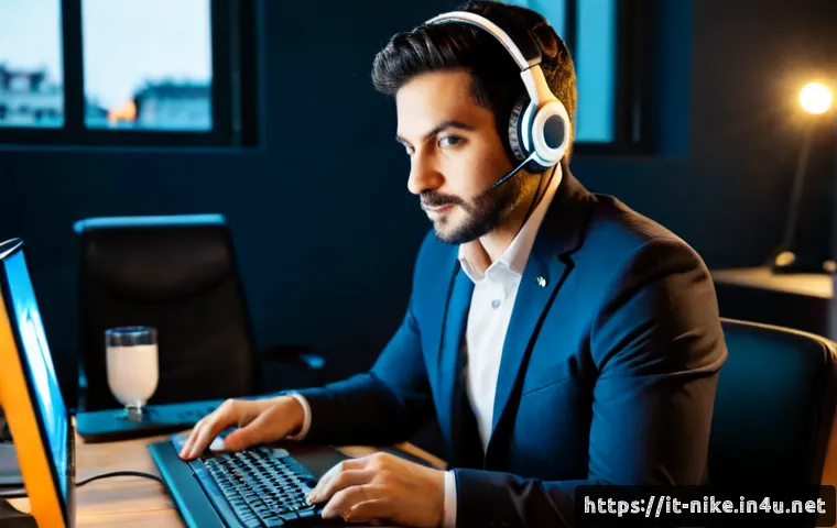 승리의여신 니케 운영자와의 Q A - Photorealistic Italian gaming community manager at a modern desk in Milan, wearing a smart casual bl...