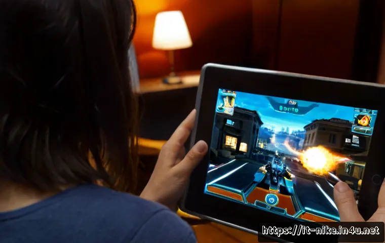 승리의여신 니케 클래식 모드 플레이 - Photorealistic over-the-shoulder view of an Italian adult gamer playing a classic-style sci-fi mobil...
